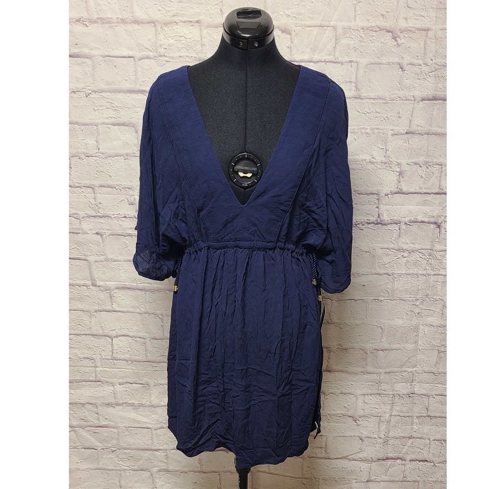 Lauren Ralph Lauren Navy Blue Crinkle V-Neck Swim Cover-Up Dress‎ Size S